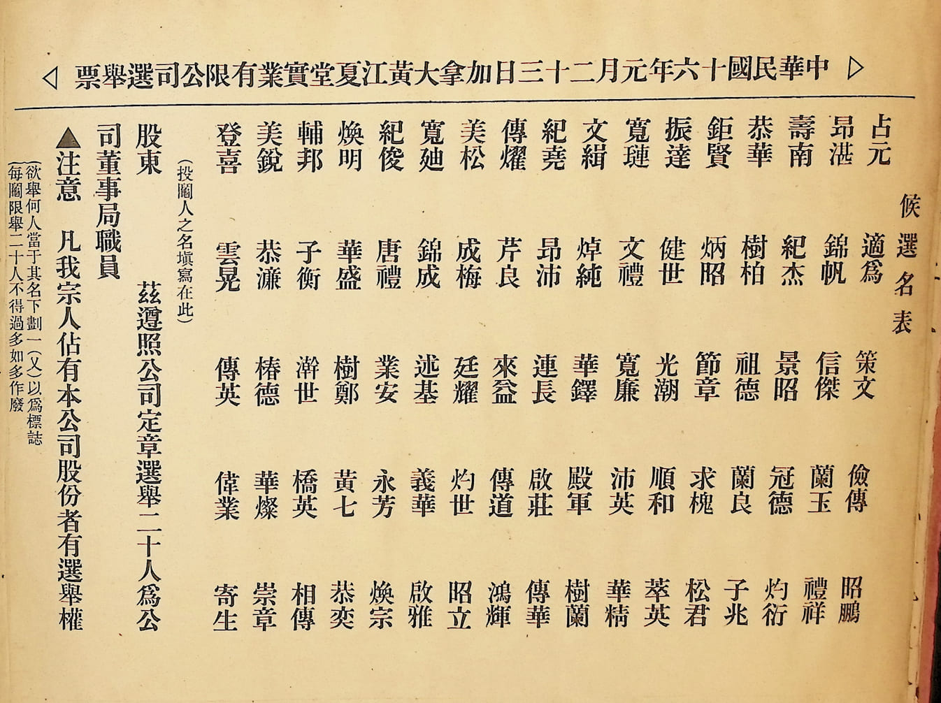中華民國十六年元月二十三日加拿大黄江夏堂實業有限公司選舉票