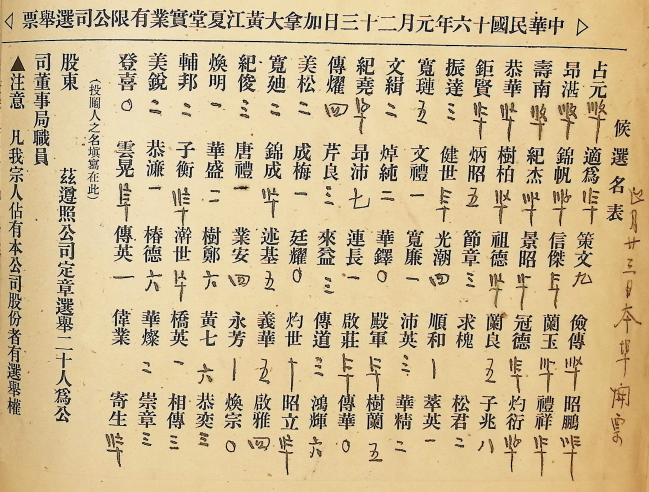 中華民國十六年元月二十三日加拿大黄江夏堂實業有限公司選舉票